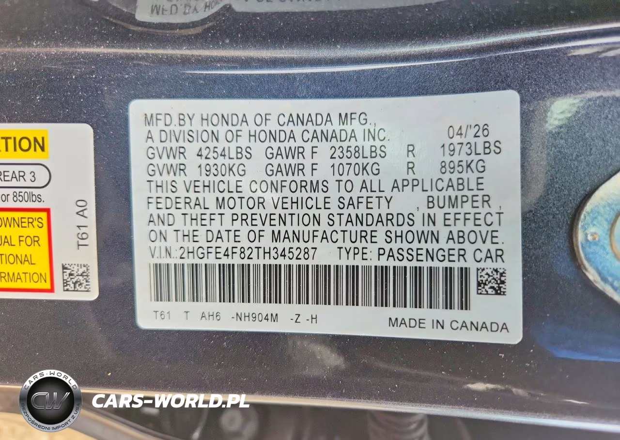 2026 Honda Civic Sport VIN:2HGFE4F82TH345287 - 12