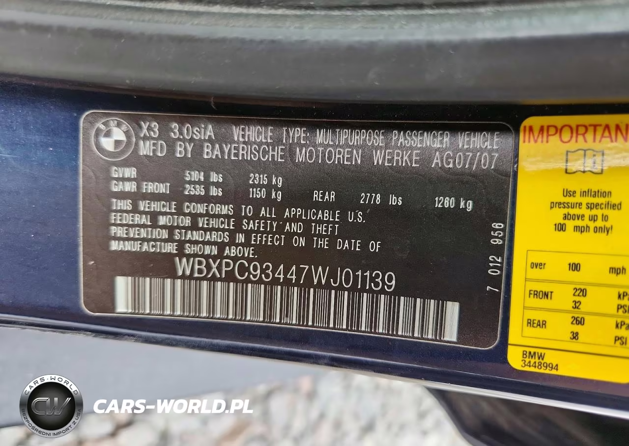 2007 BMW X3 3.0Si VIN:WBXPC93447WJ01139 - 13