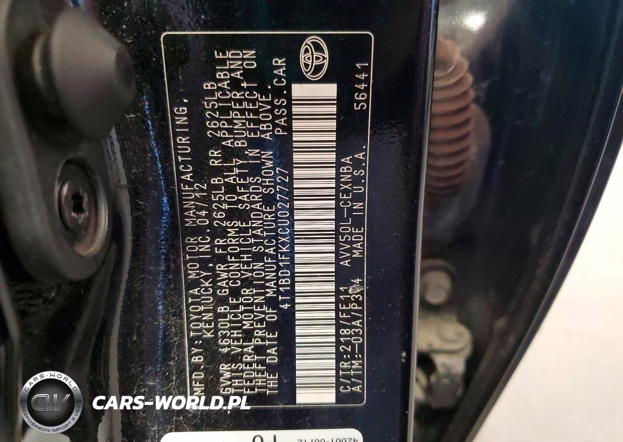 2012 Toyota Camry Hybrid Le VIN:4T1BD1FKXCU027727 - 12