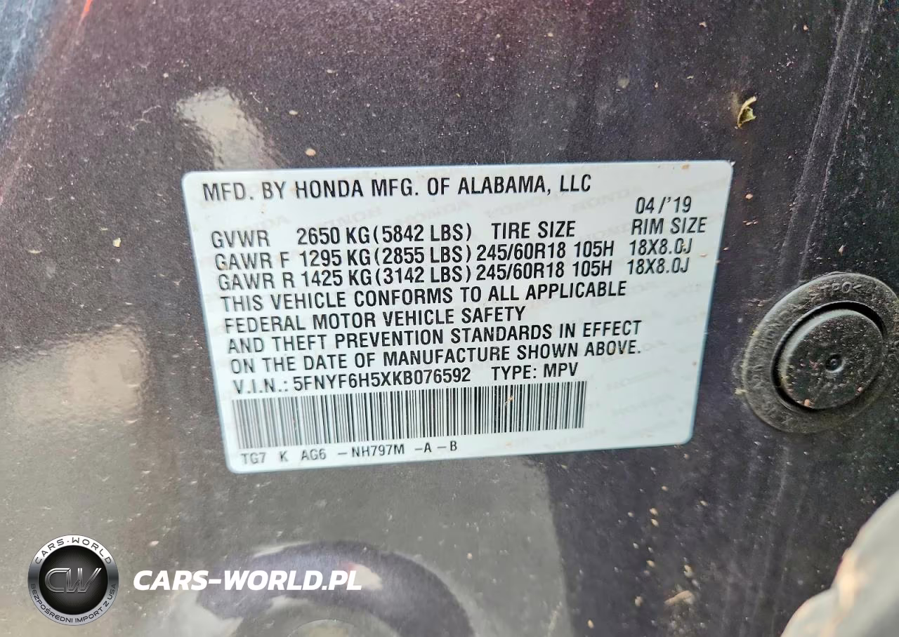 2019 Honda Pilot Exl VIN:5FNYF6H5XKB076592 - 14