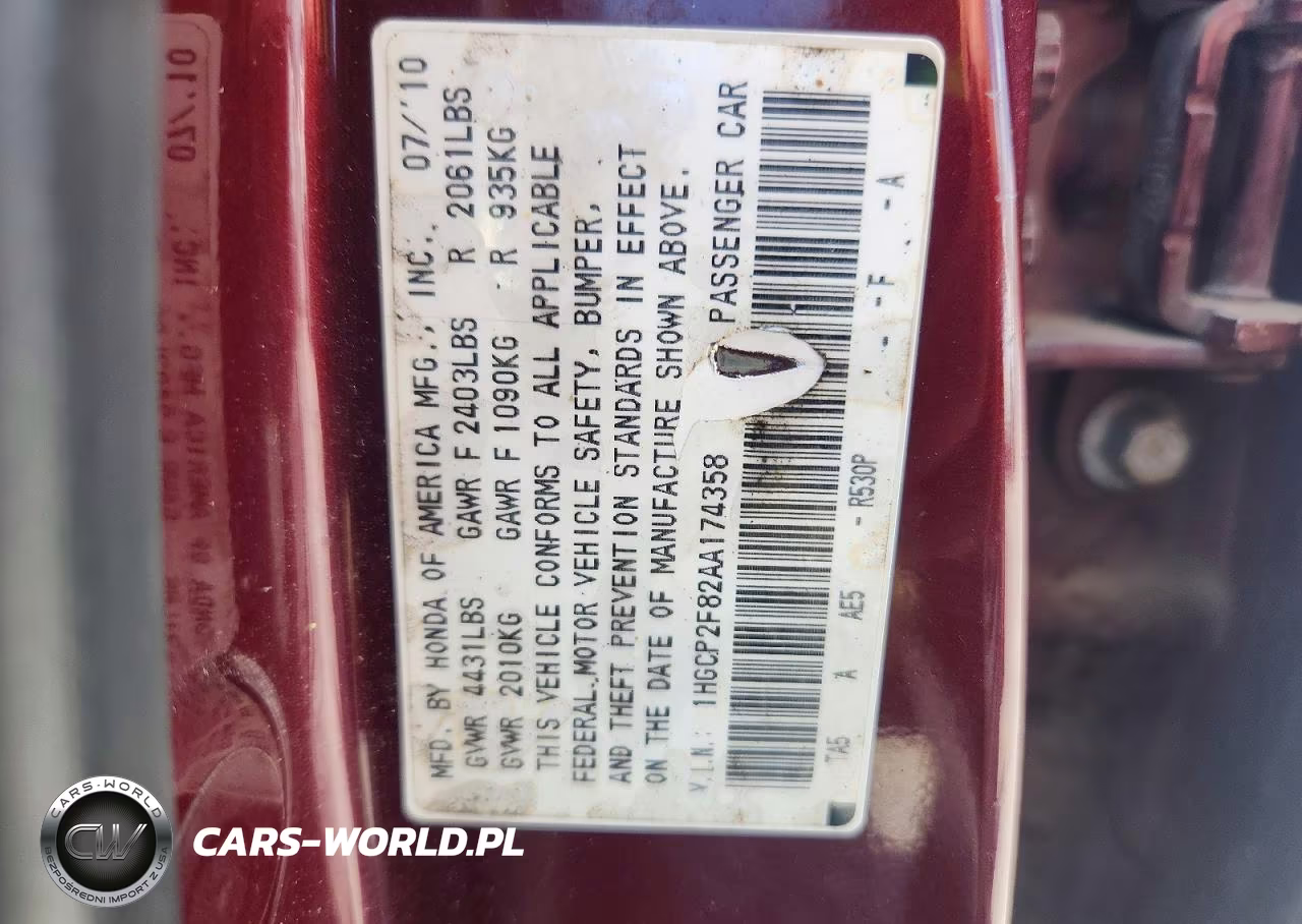 2010 Honda Accord Exl VIN:1HGCP2F82AA174358 - 12