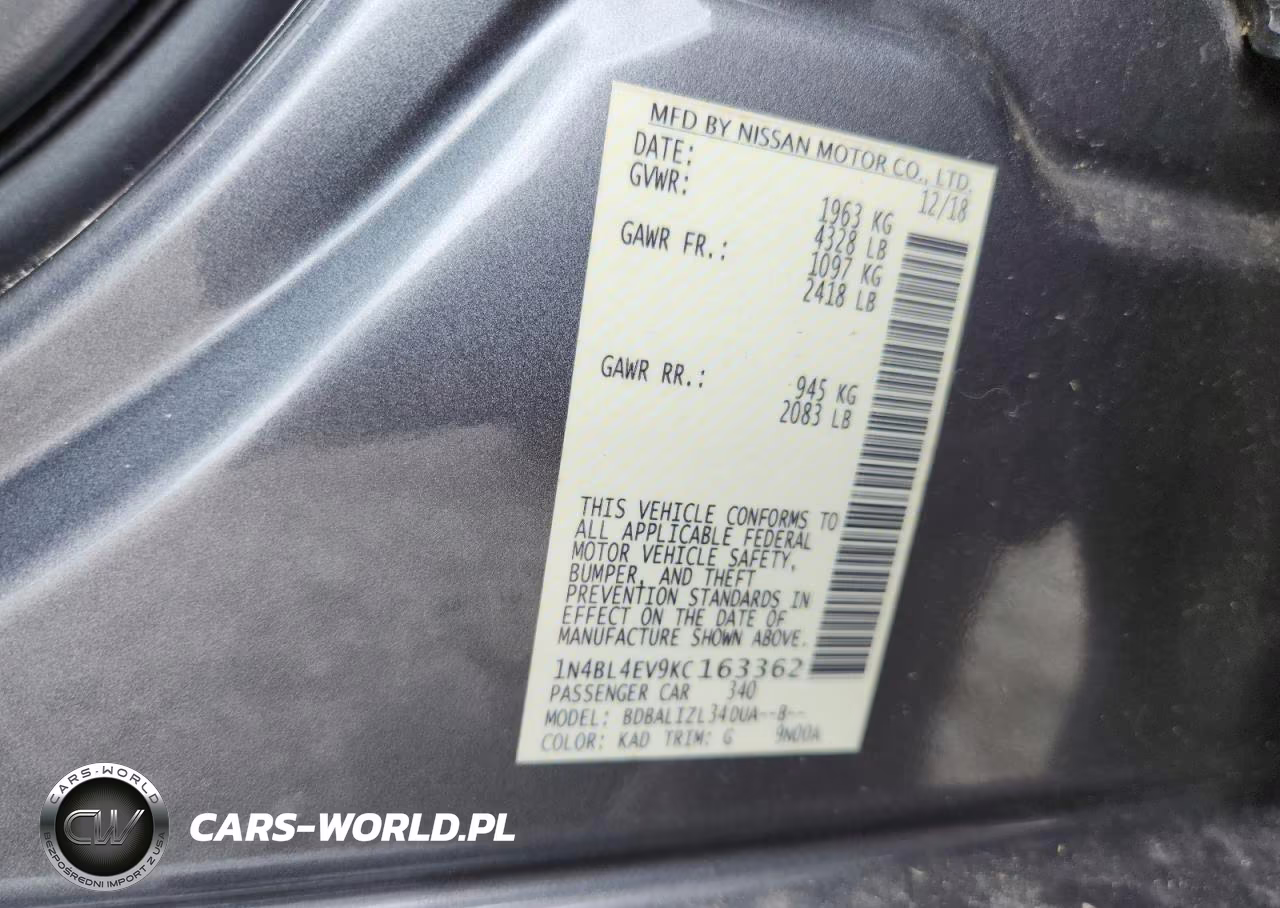 2019 Nissan Altima Sl VIN:1N4BL4EV9KC163362 - 12