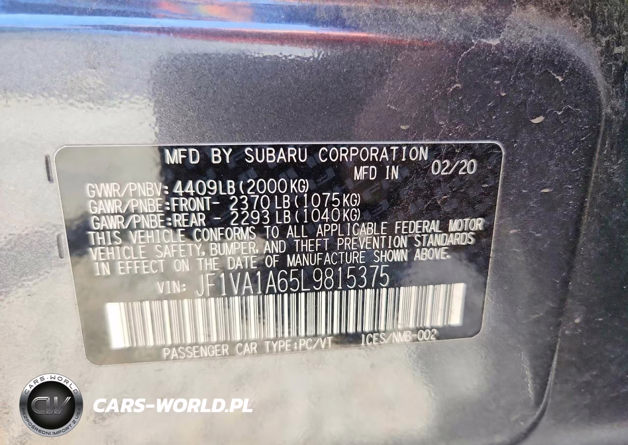 2020 Subaru Wrx VIN:JF1VA1A65L9815375 - 12