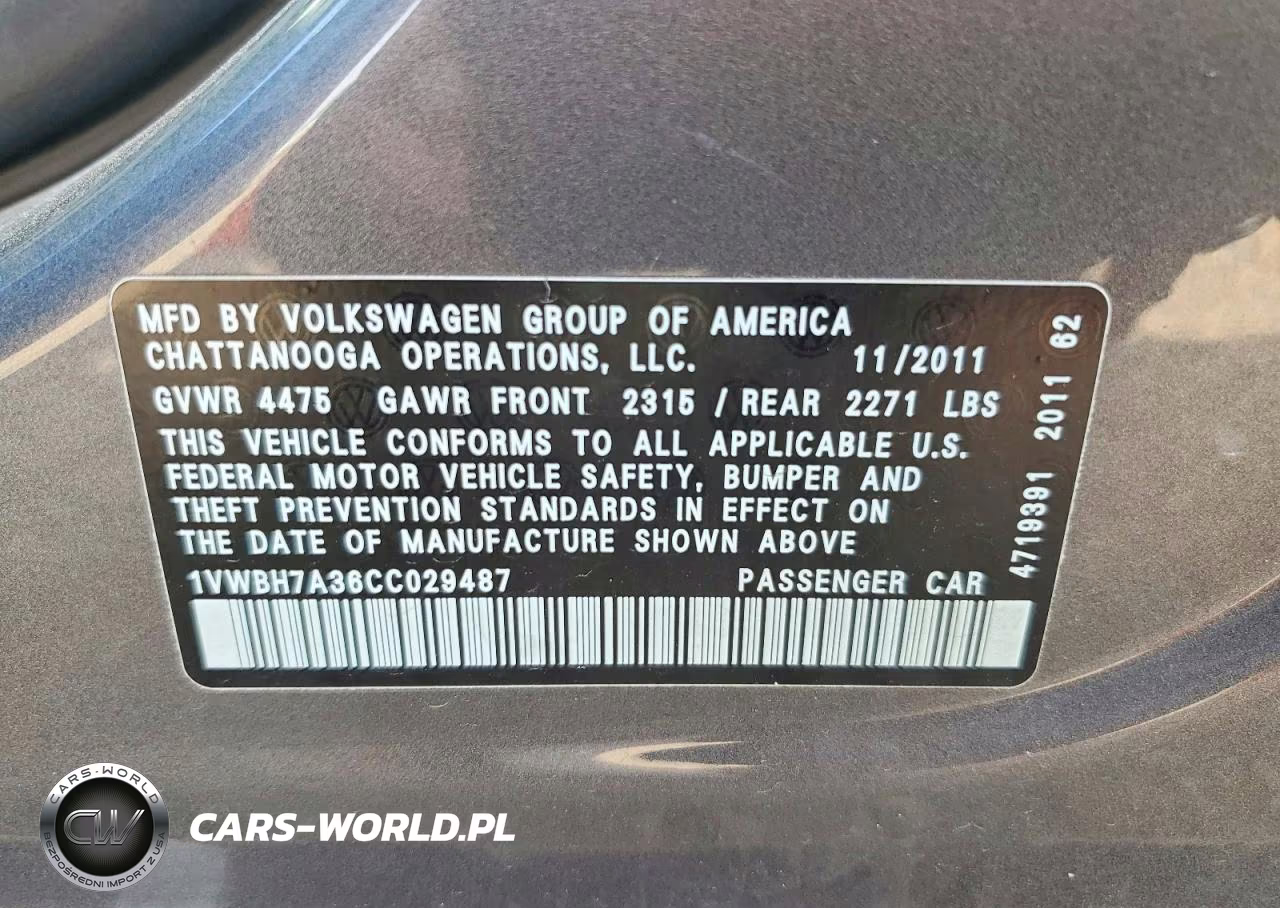 2012 Volkswagen Passat Se VIN:1VWBH7A36CC029487 - 12