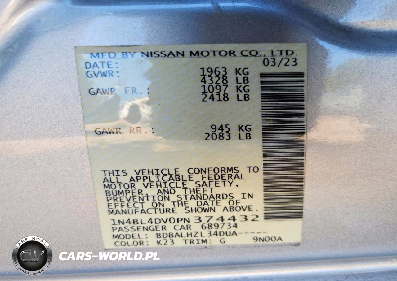 2023 Nissan Altima Sv VIN:1N4BL4DV0PN374432 - 12