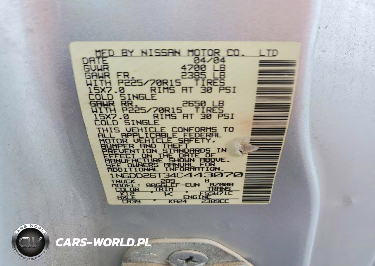 2004 Nissan Frontier Standard VIN:1N6DD26T34C443070 - 12