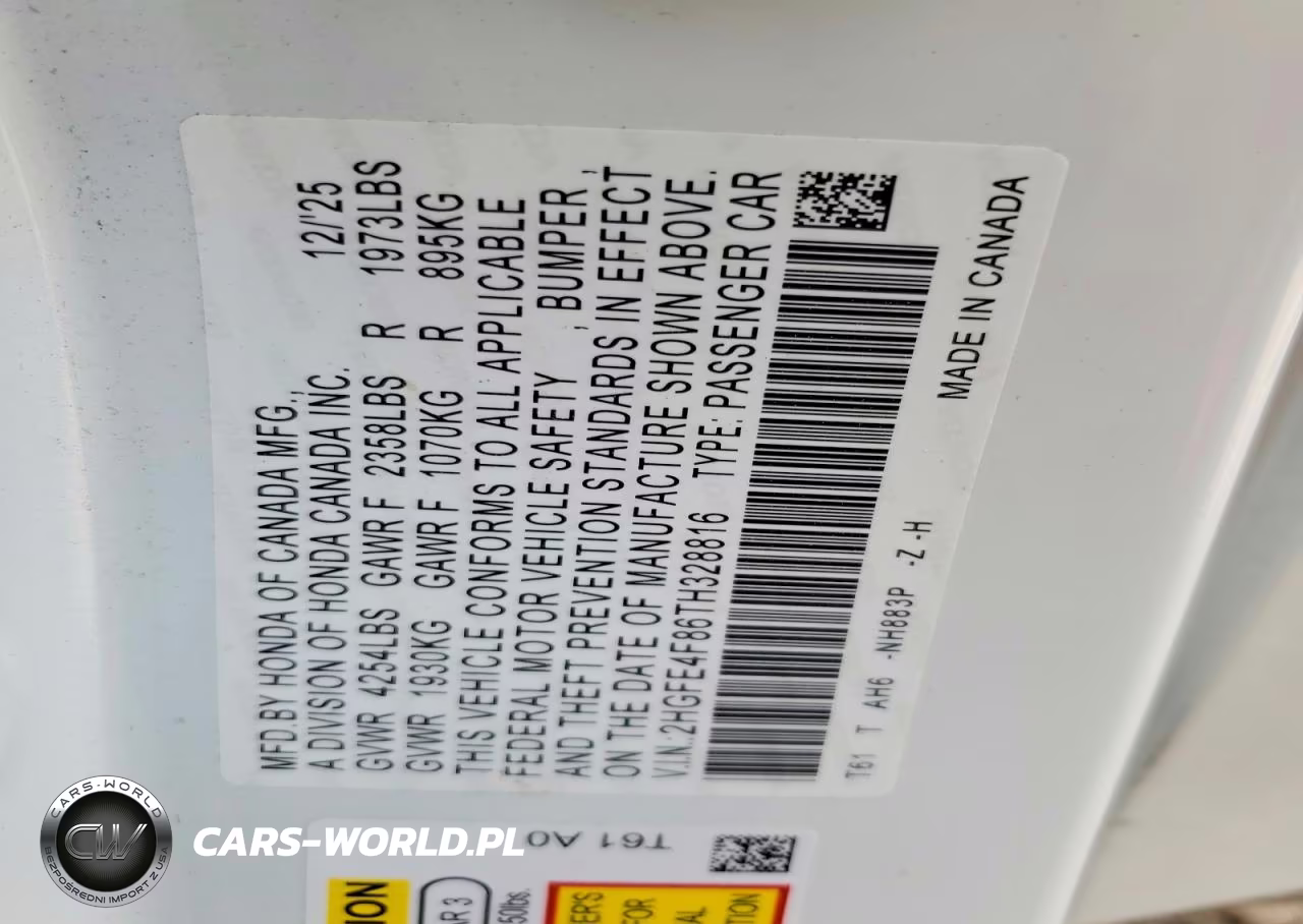 2026 Honda Civic Sport VIN:2HGFE4F86TH328816 - 12