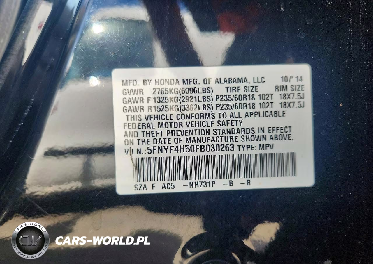 2015 Honda Pilot Exl VIN:5FNYF4H50FB030263 - 13