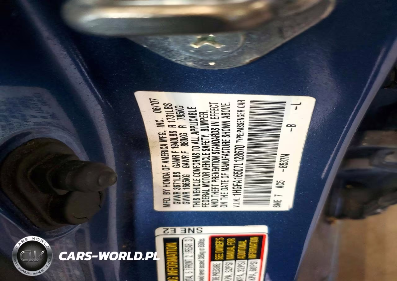 2007 Honda Civic Lx VIN:1HGFA16507L128670 - 12