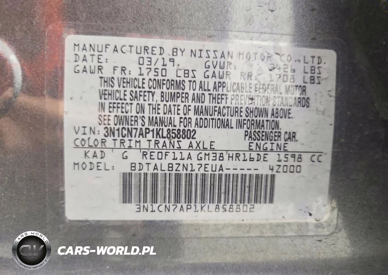 2019 Nissan Versa Sv VIN:3N1CN7AP1KL858802 - 12