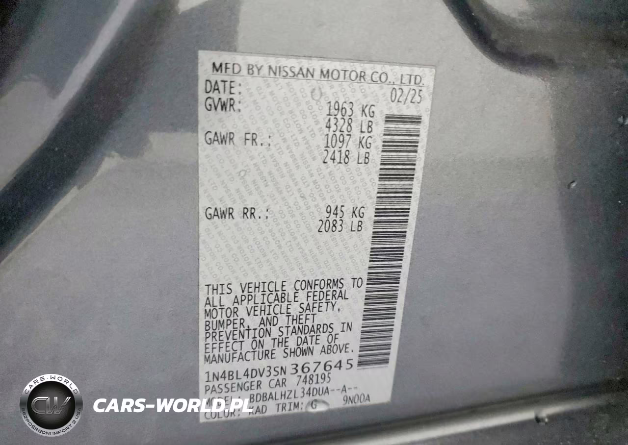 2025 Nissan Altima Sv VIN:1N4BL4DV3SN367645 - 12