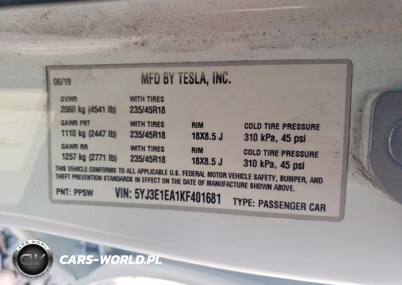 2019 Tesla Model 3 VIN:5YJ3E1EA1KF401681 - 12