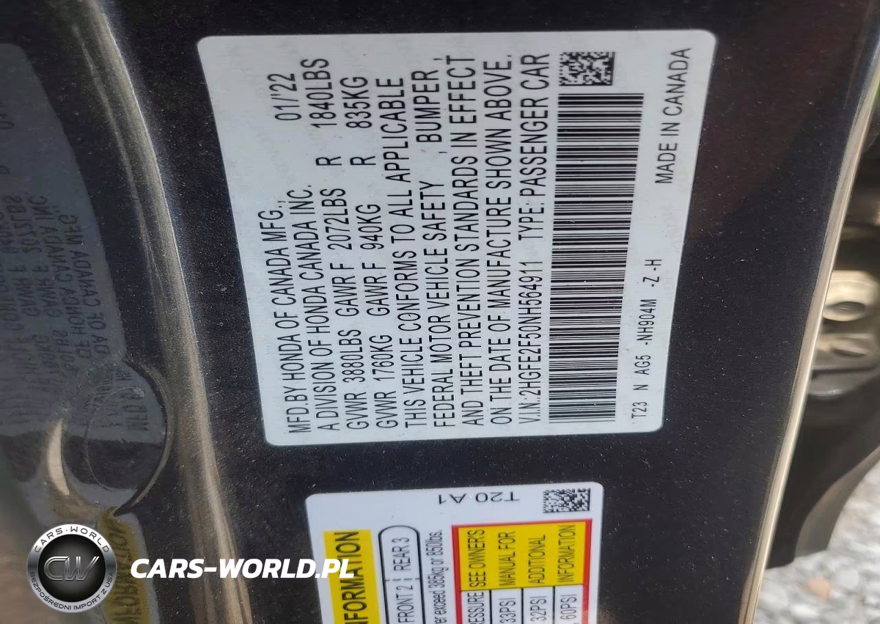 2022 Honda Civic Sport VIN:2HGFE2F50NH564911 - 12