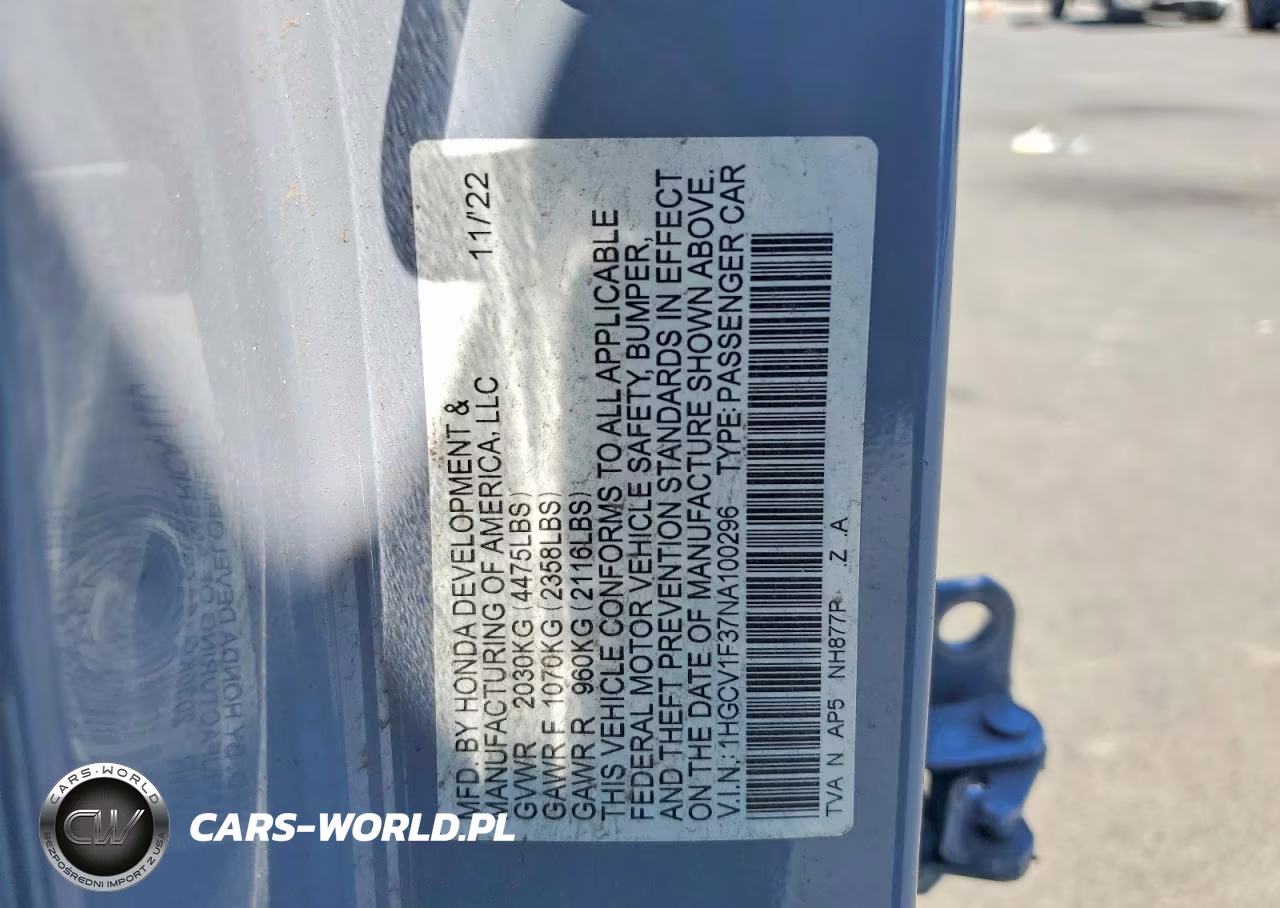 2022 Honda Accord Sport VIN:1HGCV1F37NA100296 - 12