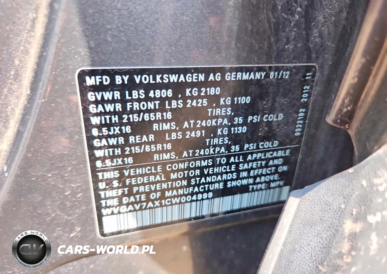 2012 Volkswagen Tiguan S VIN:WVGAV7AX1CW004999 - 13