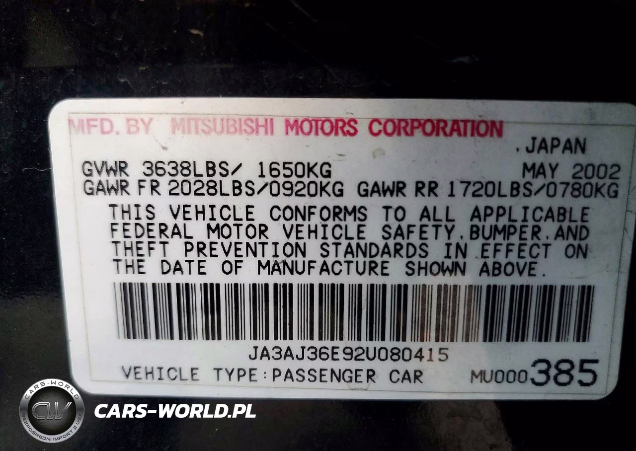 2002 Mitsubishi Lancer Ls VIN:JA3AJ36E92U080415 - 12