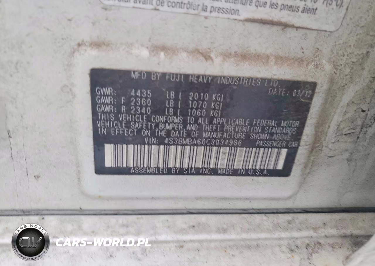 2012 Subaru Legacy 2.5I VIN:4S3BMBA60C3034986 - 12