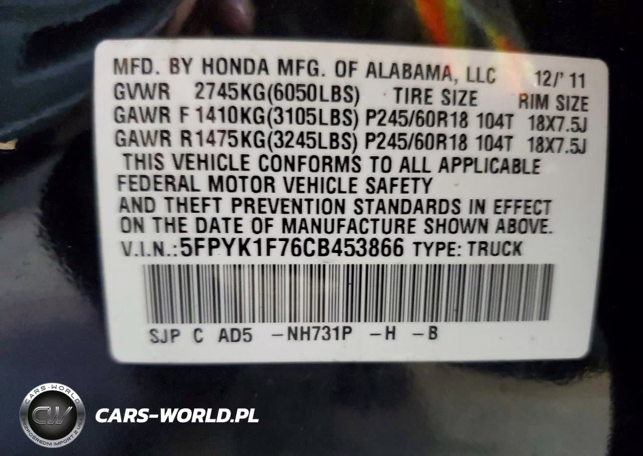 2012 Honda Ridgeline Sport VIN:5FPYK1F76CB453866 - 13