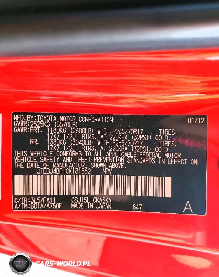 2012 Toyota Fj Cruiser Base VIN:JTEBU4BF1CK131562 - 12