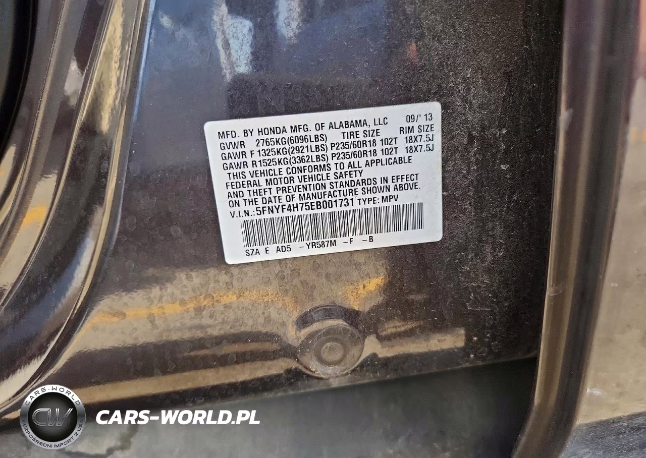 2014 Honda Pilot Exln VIN:5FNYF4H75EB001731 - 13