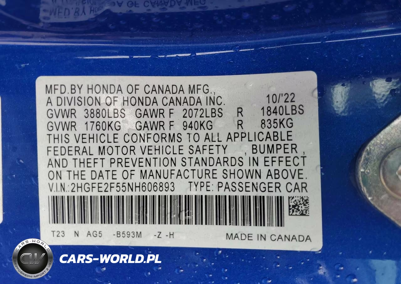 2022 Honda Civic Sport VIN:2HGFE2F55NH606893 - 12