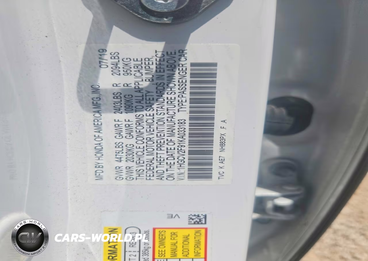 2019 Honda Accord Touring VIN:1HGCV2F91KA033183 - 12