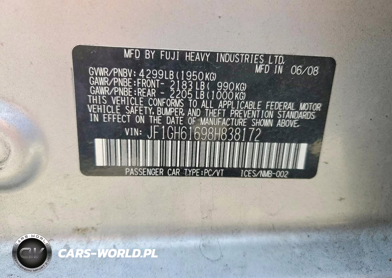2008 Subaru Impreza 2.5I VIN:JF1GH61698H838172 - 12