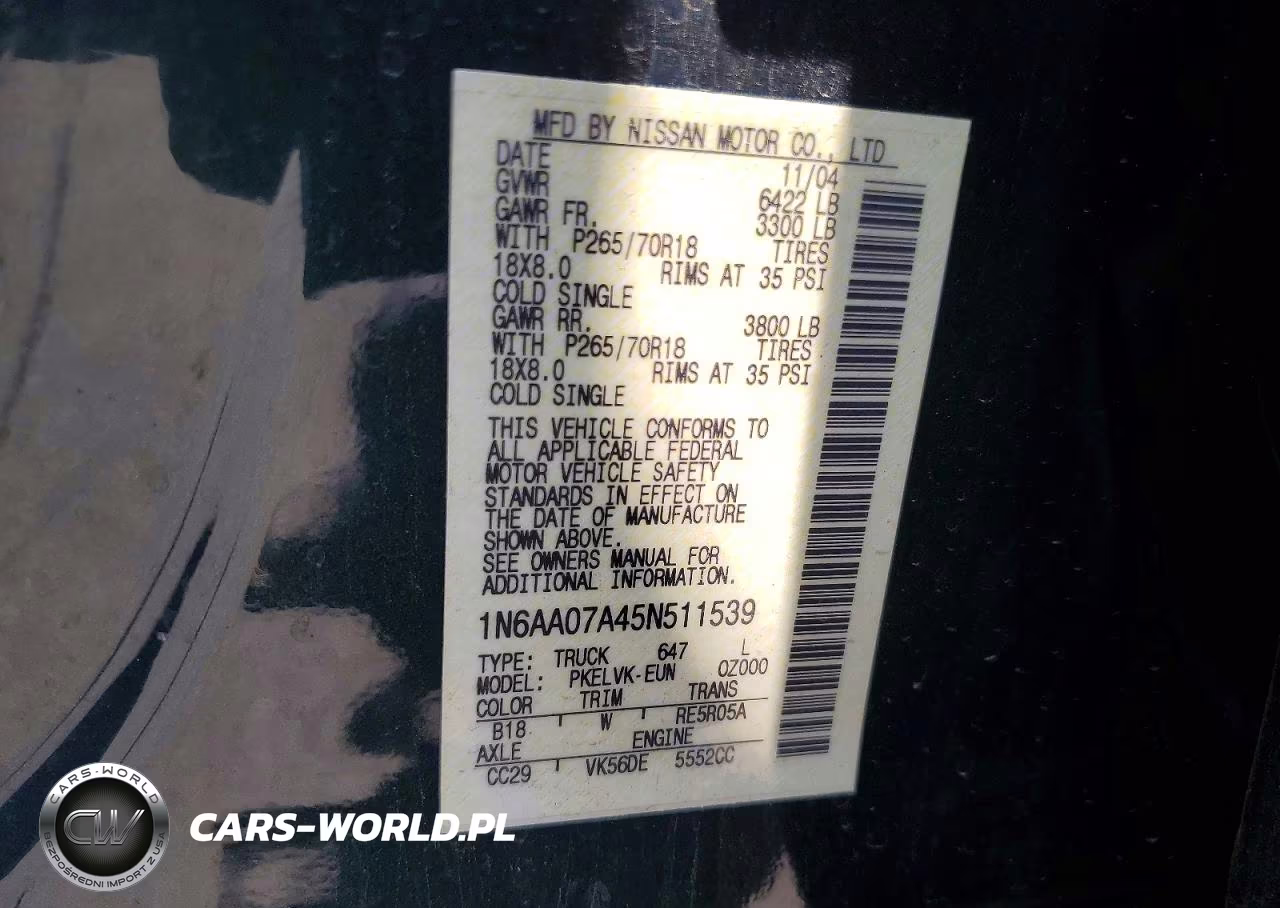 2005 Nissan Titan Xe VIN:1N6AA07A45N511539 - 12