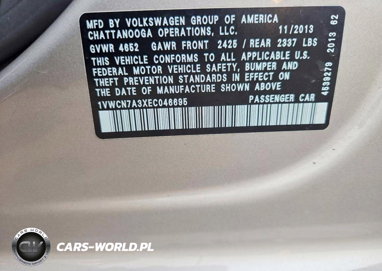 2014 Volkswagen Passat Sel VIN:1VWCN7A3XEC046695 - 12