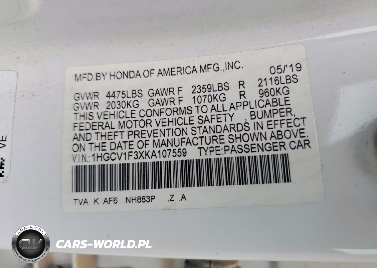 2019 Honda Accord Sport VIN:1HGCV1F3XKA107559 - 13