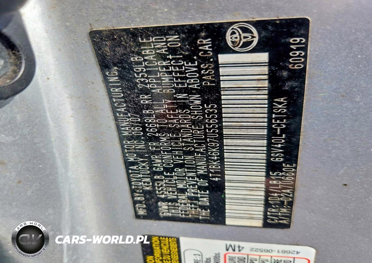 2007 Toyota Camry Se V6 VIN:4T1BK46K97U556535 - 12