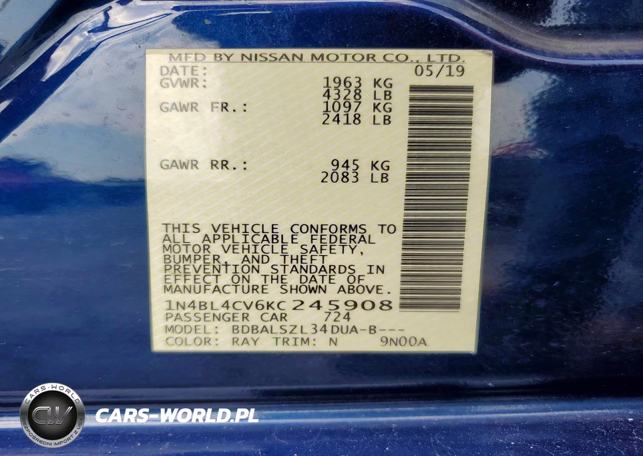 2019 Nissan Altima Sr VIN:1N4BL4CV6KC245908 - 12