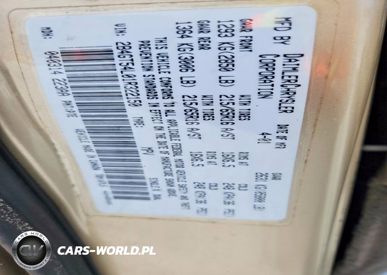 2001 Dodge Grand Caravan Es VIN:2B4GT54L01R322150 - 13