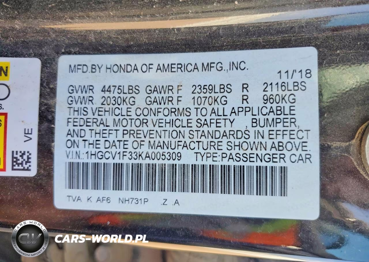 2019 Honda Accord Sport VIN:1HGCV1F33KA005309 - 12