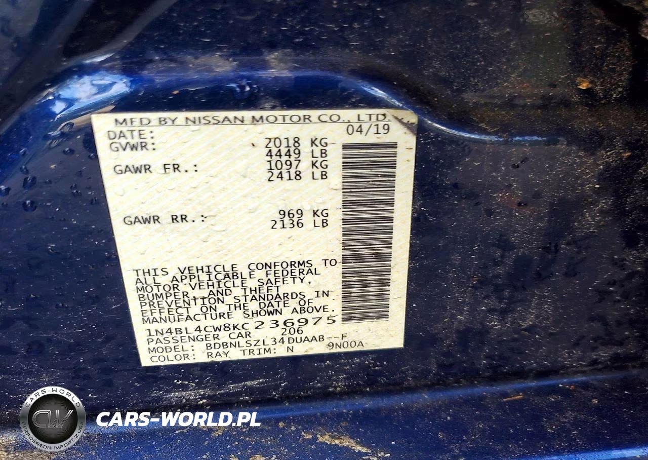 2019 Nissan Altima Sr VIN:1N4BL4CW8KC236975 - 12