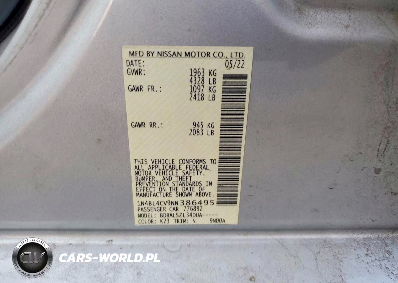 2022 Nissan Altima Sr VIN:1N4BL4CV9NN386495 - 12