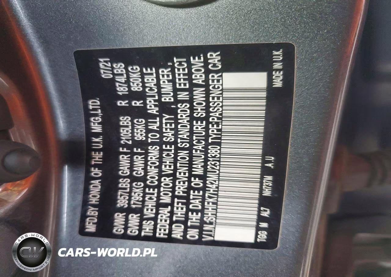 2021 Honda Civic Sport VIN:SHHFK7H42MU231380 - 12