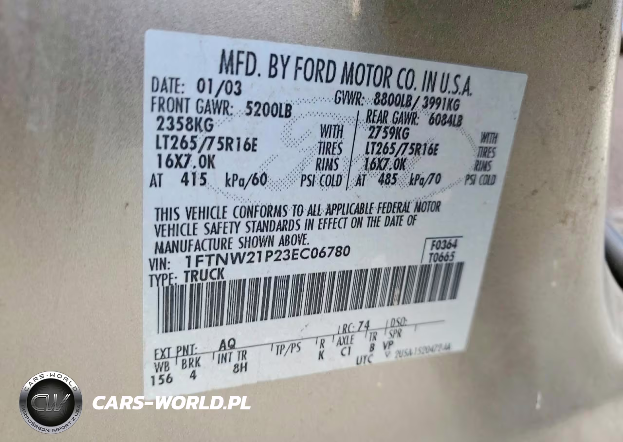 2003 Ford F250 Super Duty VIN:1FTNW21P23EC06780 - 12