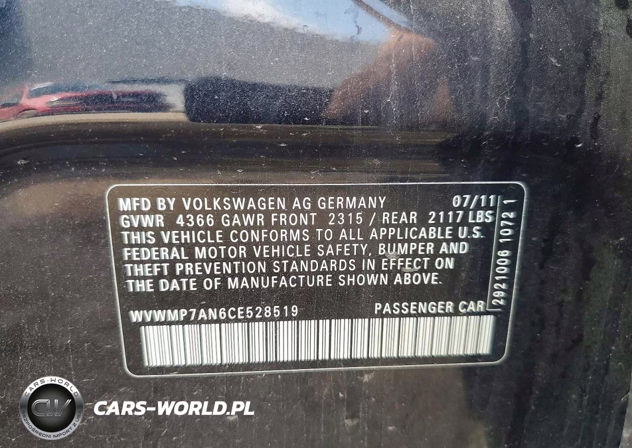 2012 Volkswagen Cc Sport VIN:WVWMP7AN6CE528519 - 12