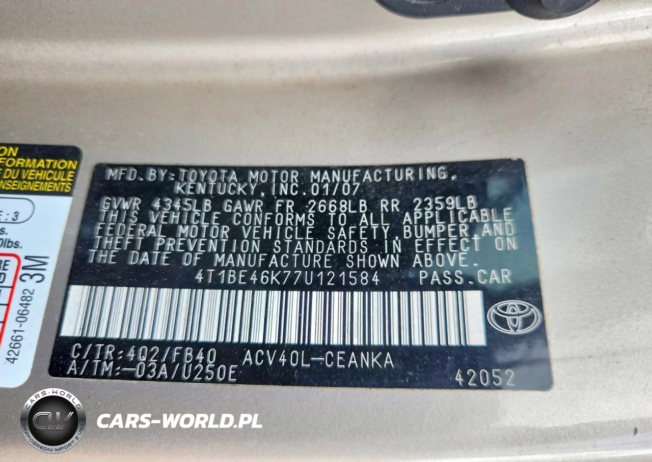 2007 Toyota Camry Le VIN:4T1BE46K77U121584 - 12