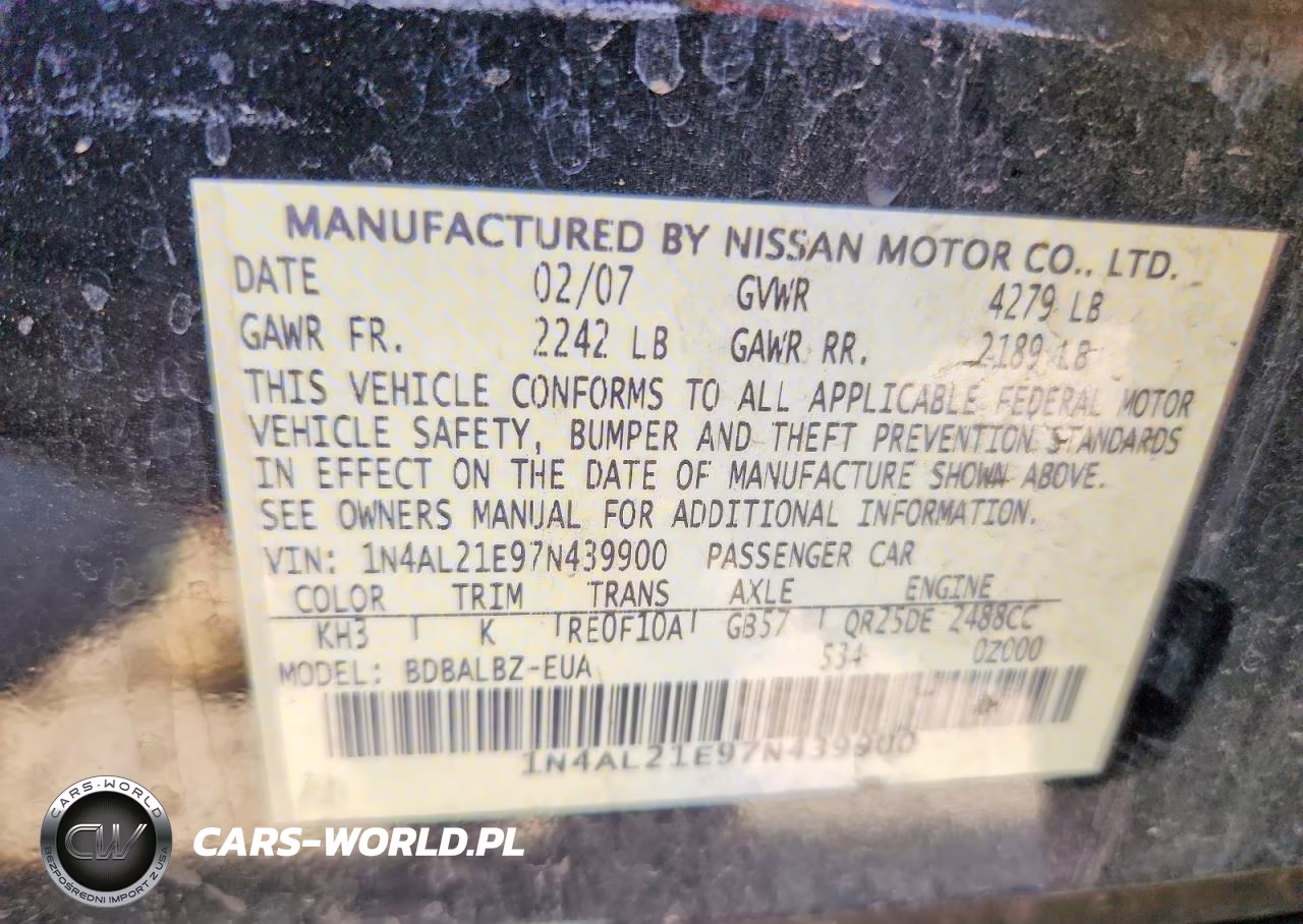 2007 Nissan Altima 2.5 VIN:1N4AL21E97N439900 - 12
