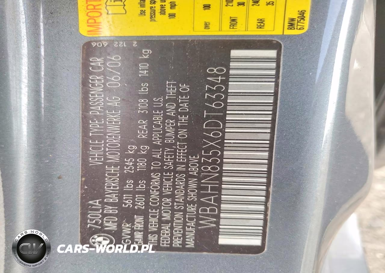 2006 BMW 750 Li VIN:WBAHN835X6DT63348 - 13