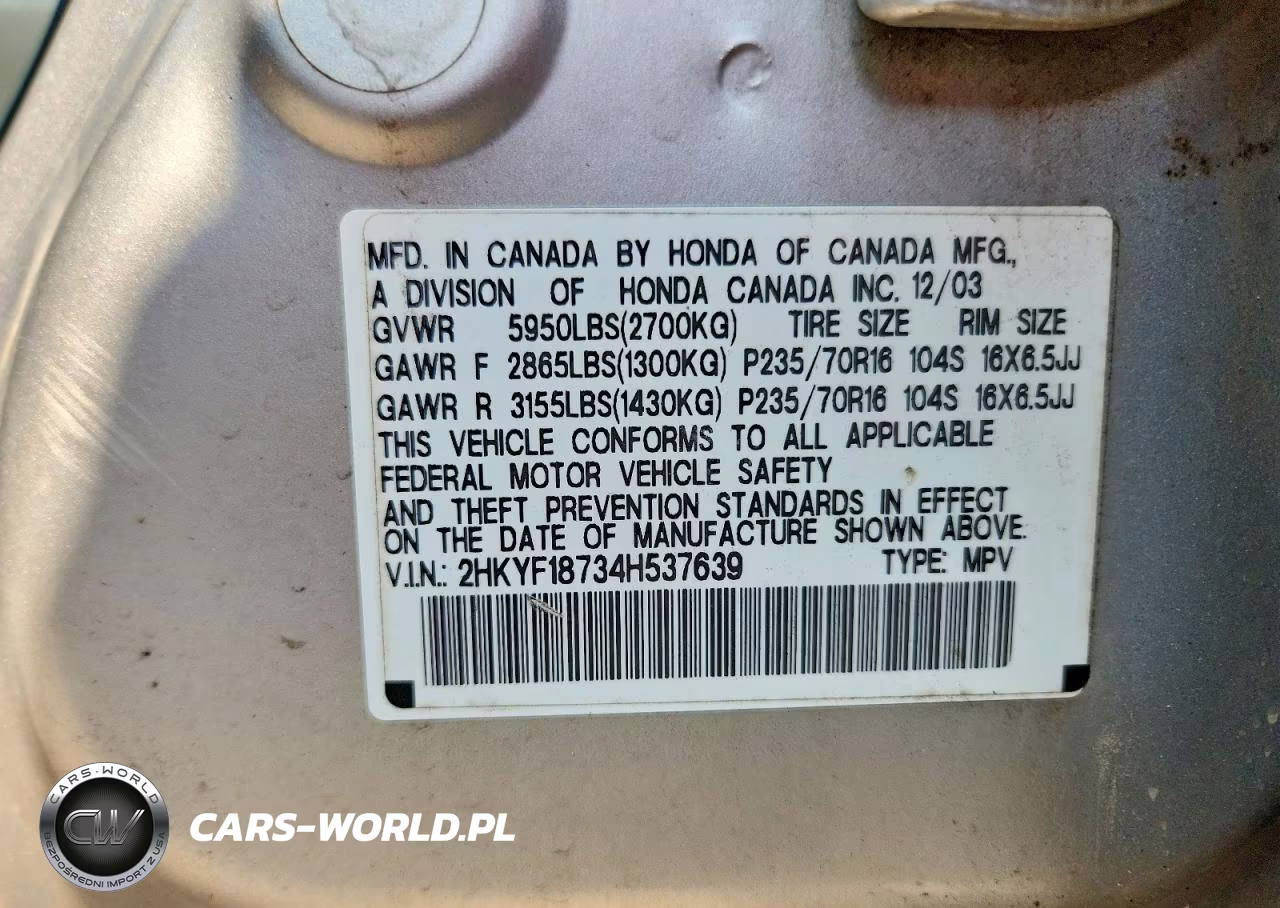 2004 Honda Pilot Exl VIN:2HKYF18734H537639 - 13