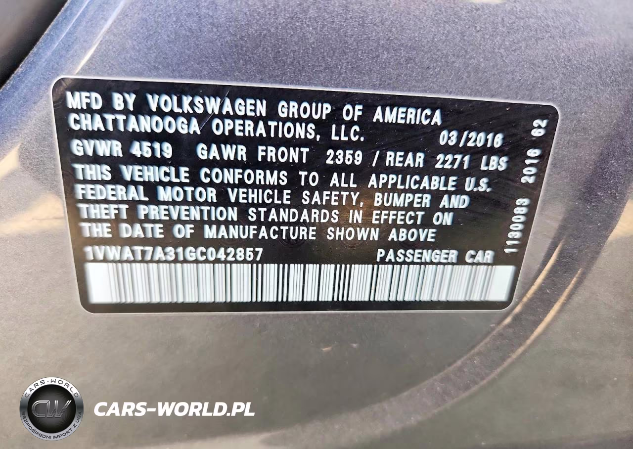 2016 Volkswagen Passat S VIN:1VWAT7A31GC042857 - 12