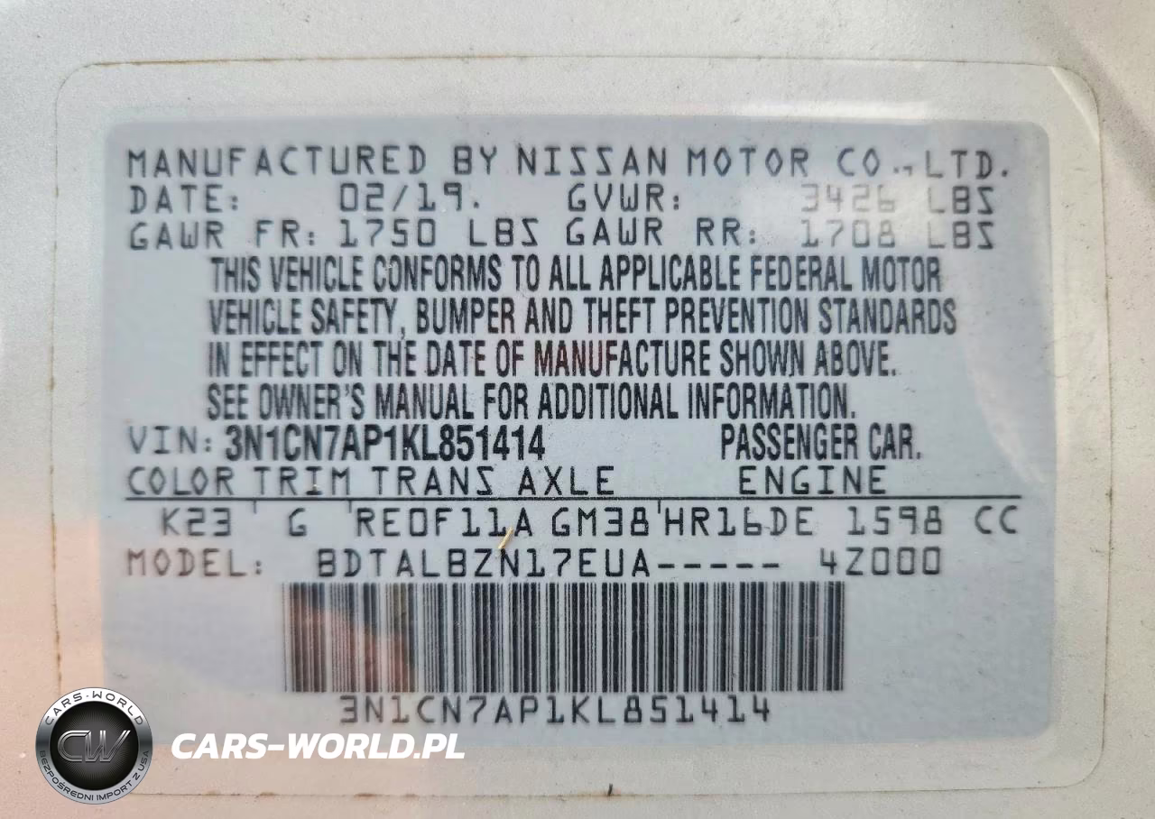 2019 Nissan Versa Sv VIN:3N1CN7AP1KL851414 - 12