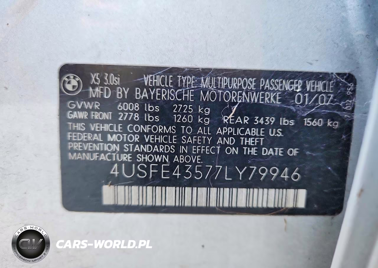 2007 BMW X5 3.0I VIN:4USFE43577LY79946 - 13
