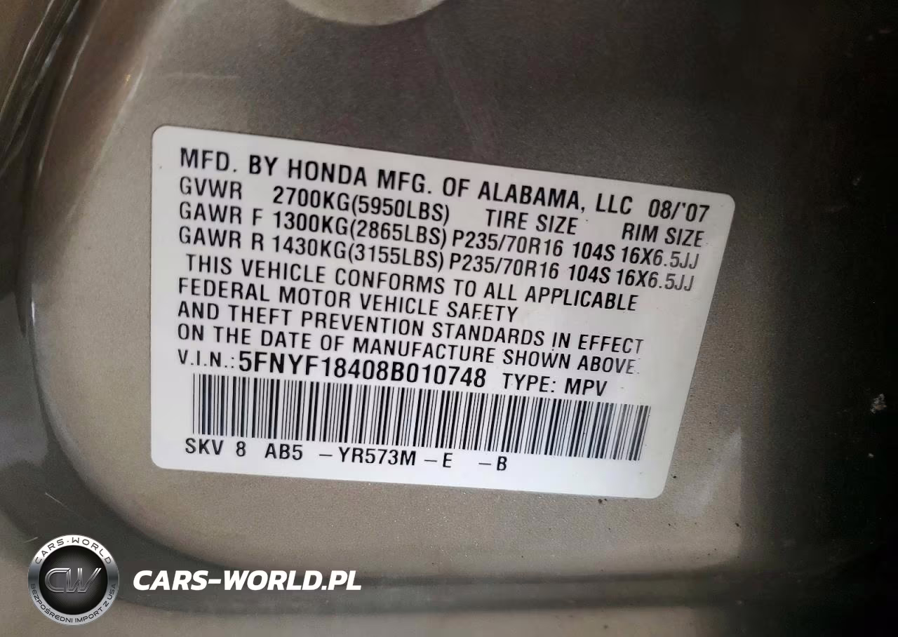 2008 Honda Pilot Ex VIN:5FNYF18408B010748 - 14