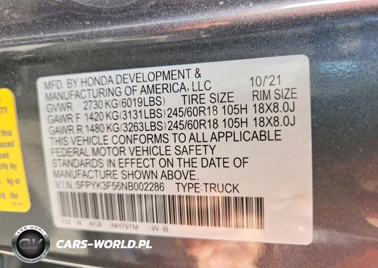 2022 Honda Ridgeline Rtl VIN:5FPYK3F56NB002286 - 12