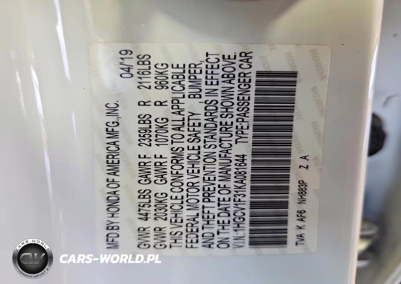 2019 Honda Accord Sport VIN:1HGCV1F31KA081644 - 12