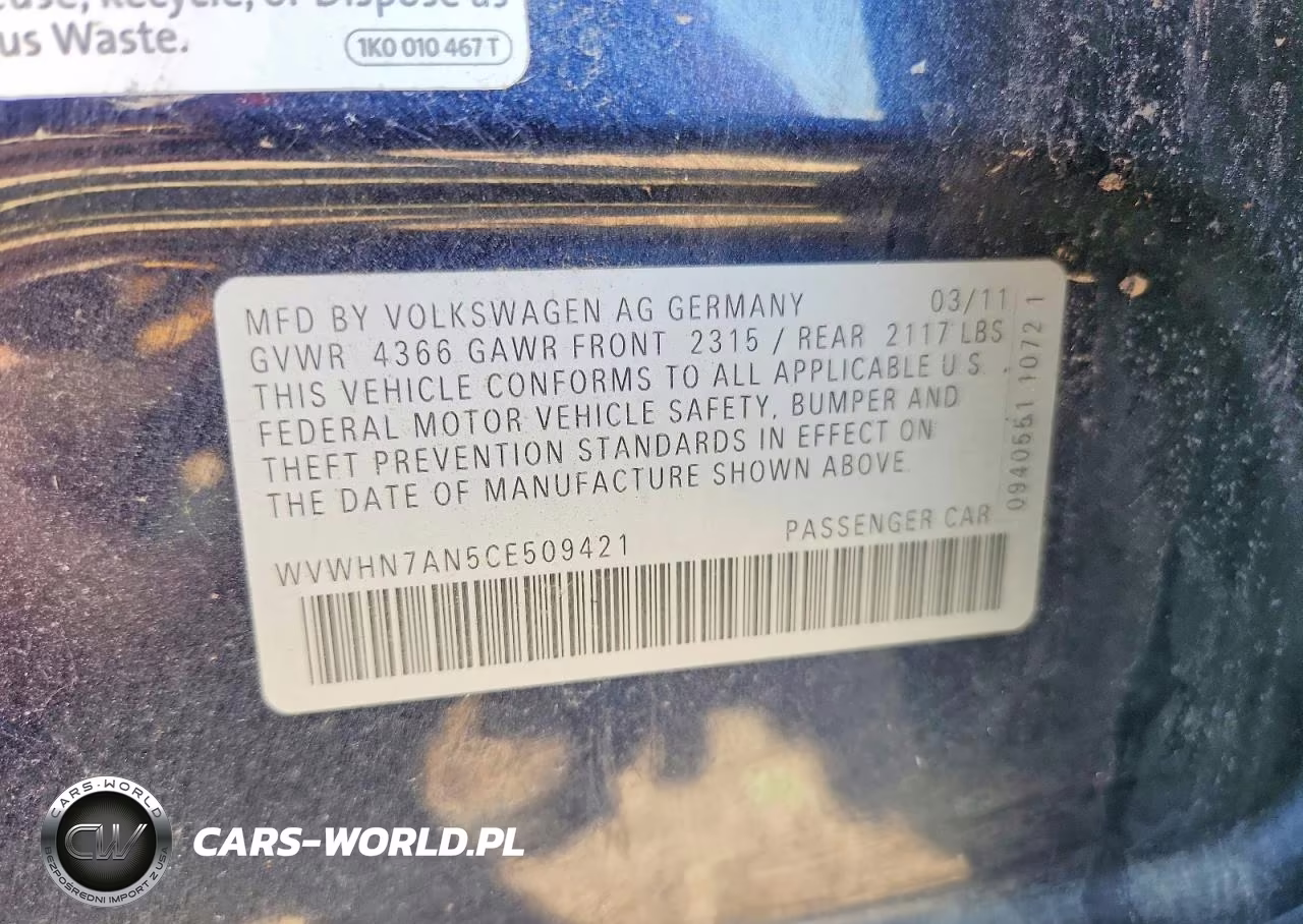 2012 Volkswagen Cc Luxury VIN:WVWHN7AN5CE509421 - 12